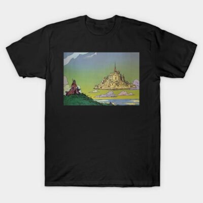 Black cotton t-shirt with colorful fantasy landscape print, perfect for casual wear and graphic tee enthusiasts.