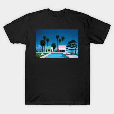 Black t-shirt featuring a colorful retro-style poolside print, casual fashion, ideal for everyday wear.