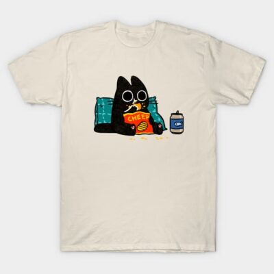 Cream t-shirt featuring cartoon cat design with chips and soda, casual wear, soft cotton material, unisex style.
