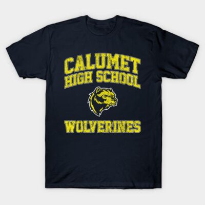 "Calumet High School Wolverines navy t-shirt, yellow text and logo, casual wear, cotton material"