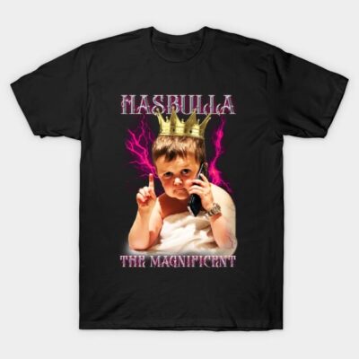 Black graphic t-shirt with crown and phone design, featuring bold text. Casual wear, cotton material, unisex style.
