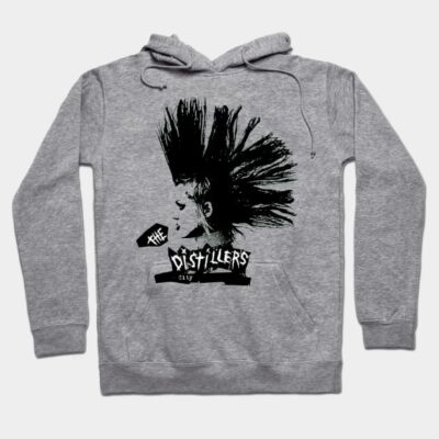 Gray hoodie with punk rock graphic, featuring bold black design. Comfortable, casual wear, ideal for music enthusiasts.