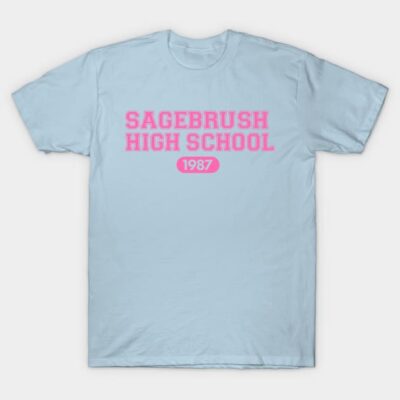 Light blue t-shirt with pink "Sagebrush High School 1987" print, casual cotton apparel for everyday wear.
