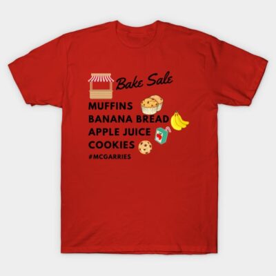 Red "Bake Sale" T-shirt featuring food graphics and text, casual style, cotton material, perfect for events or casual wear.