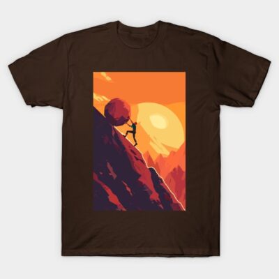 Brown cotton T-shirt with vibrant mountain sunset and climber graphic design, ideal for outdoor enthusiasts.