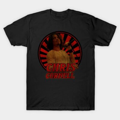 Black graphic t-shirt with vintage rock design and bold red text. Perfect for casual wear or music fans.
