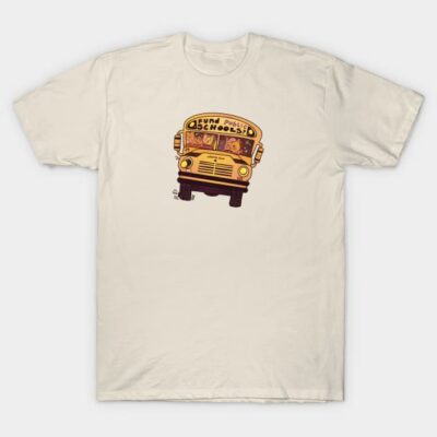 Cream t-shirt with vintage yellow school bus graphic, casual wear, cotton material, unisex design.