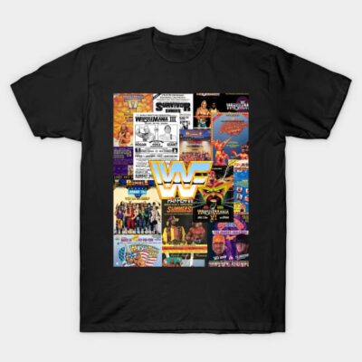 Black t-shirt with vintage wrestling collage, featuring colorful event posters. Perfect for retro wrestling fans.