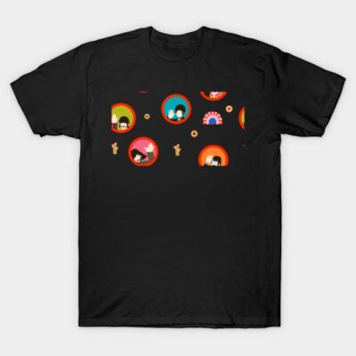 Black graphic t-shirt with colorful retro circle design, casual style, comfortable cotton fabric.
