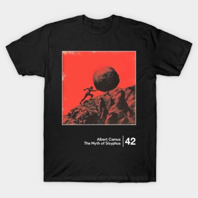 Black t-shirt featuring "The Myth of Sisyphus" graphic, bold red and black design, casual wear, 100% cotton.