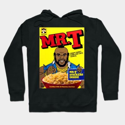 Black graphic hoodie featuring retro cereal box design, vibrant colors, casual style, cotton blend material.
