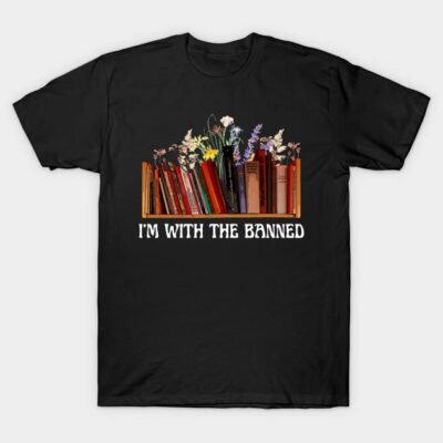Black t-shirt with bookshelf design and "I'm With The Banned" text, perfect for book lovers, cotton material.