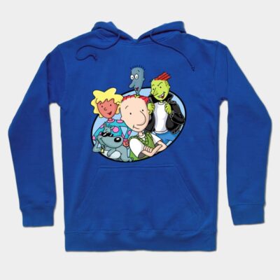 Blue graphic hoodie featuring colorful cartoon characters, casual style, perfect for everyday wear, cotton blend material.
