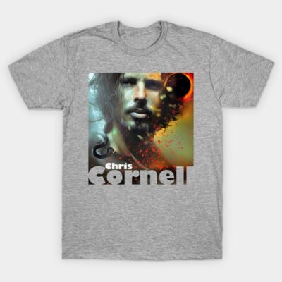 Gray graphic t-shirt featuring abstract colorful design, made of soft cotton, perfect for casual wear.