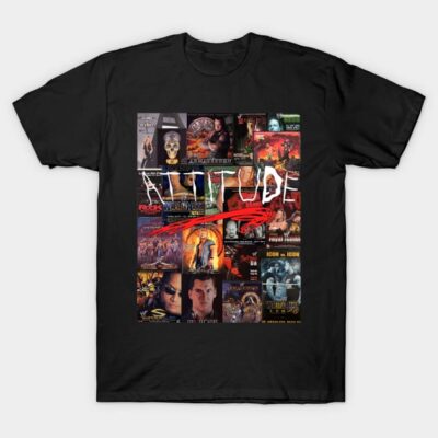Black t-shirt featuring colorful retro movie poster collage design, casual wear, soft cotton material.