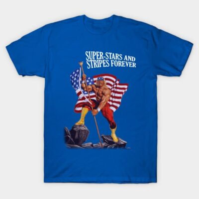 Blue graphic T-shirt featuring "Super-Stars and Stripes Forever" design with American flag and muscular figure. Casual wear.