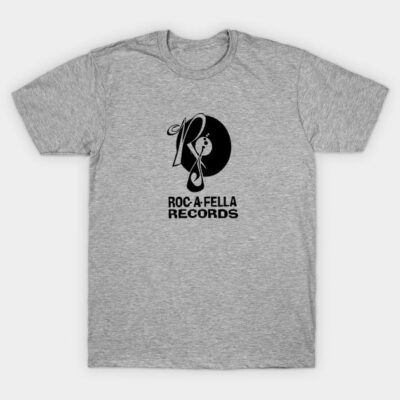 Gray t-shirt with black Roc-a-Fella Records logo, casual style, soft cotton blend, unisex, perfect for music fans.