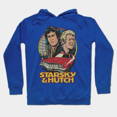 Blue hoodie featuring retro car graphic and text design, ideal for casual wear. Comfortable cotton blend material.