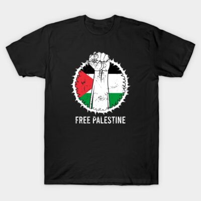 Black T-shirt with "Free Palestine" text, featuring a raised fist design in red, black, white, and green colors.