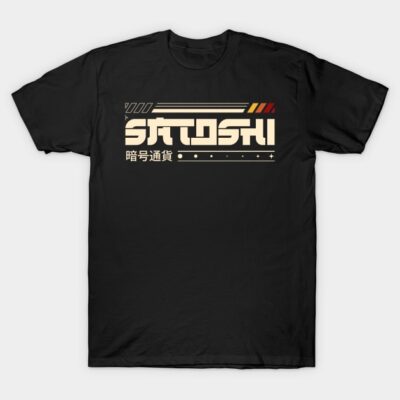 Black graphic t-shirt with retro-style "Satoshi" design, perfect for casual wear, made from soft cotton material.