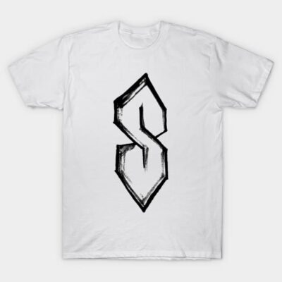 White t-shirt with black graffiti-style "S" design, casual wear, 100% cotton, unisex.
