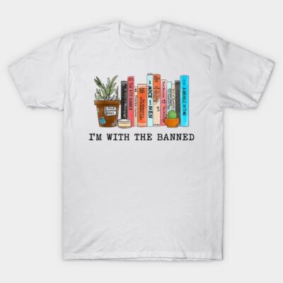 White cotton T-shirt with colorful book graphic and "I'm With the Banned" text, casual unisex style.