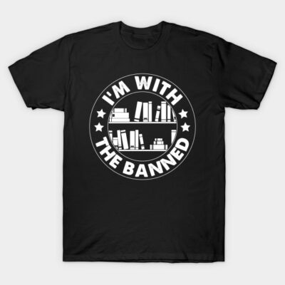Black T-shirt with "I'm With The Banned" text and bookshelf graphic, casual style, cotton material.
