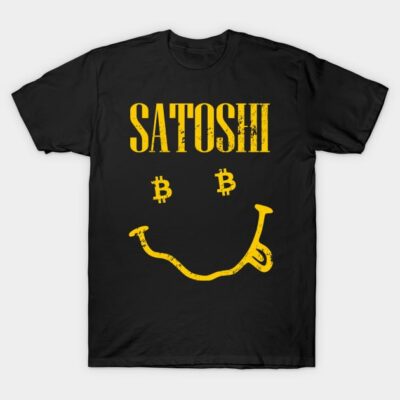 Black T-shirt with yellow "Satoshi" text and Bitcoin smiley face, casual wear, cotton material.