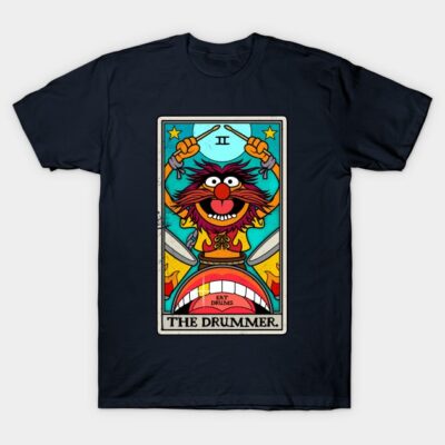 Navy graphic t-shirt featuring vibrant cartoon drummer design, ideal for casual wear and music enthusiasts.