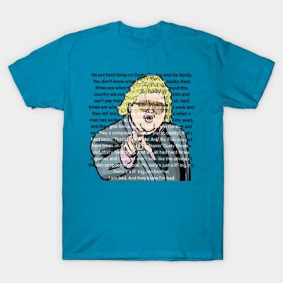 Teal graphic t-shirt featuring bold text and illustration, casual style, ideal for everyday wear, cotton material.
