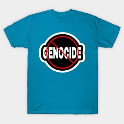 Blue cotton t-shirt with bold "No Genocide" graphic, casual style, ideal for everyday wear and social awareness.