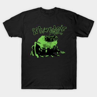 Black t-shirt with green frog graphic and artistic text design, perfect for casual wear. 100% cotton, unisex style.