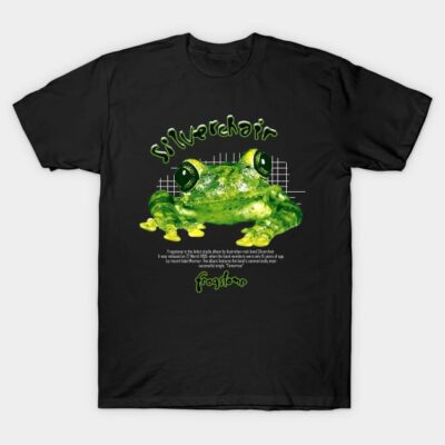Black t-shirt with green frog graphic and "silverchair" text, casual wear, 100% cotton, unisex design.