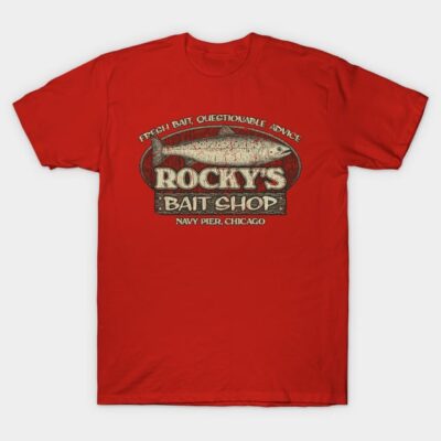 Red "Rocky's Bait Shop" graphic t-shirt, casual cotton wear, perfect for fishing enthusiasts or casual outings.