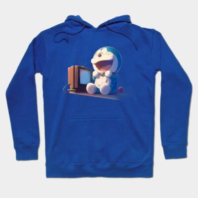 Blue hoodie with cartoon character and TV print, cozy cotton material, casual style for everyday wear.