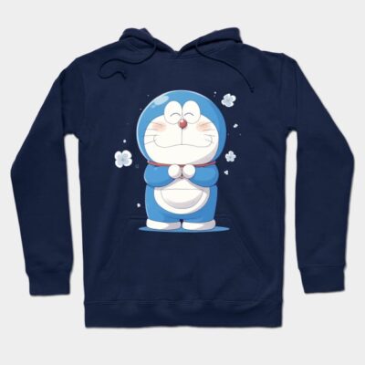 Navy blue hoodie with cartoon character design, featuring drawstrings and front pocket. Casual wear, soft cotton blend.