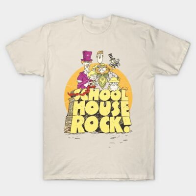 Beige graphic t-shirt featuring colorful "School House Rock" design, casual style, 100% cotton.