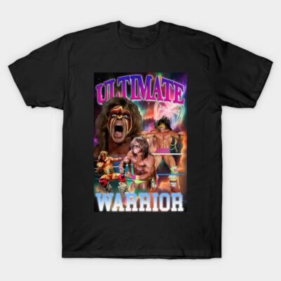 Black t-shirt with vibrant Ultimate Warrior graphic, retro wrestling theme, casual wear, soft cotton material.
