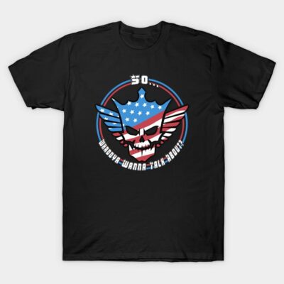 Black T-shirt with patriotic skull design, featuring red, white, and blue colors, ideal for casual wear.