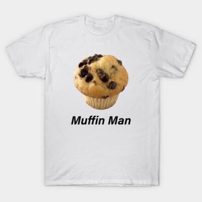 White cotton T-shirt with "Muffin Man" text and chocolate chip muffin graphic, casual wear.