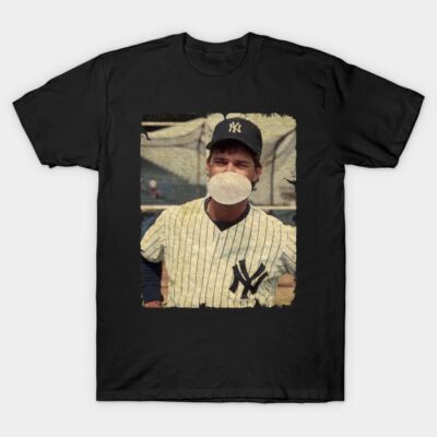 Black t-shirt featuring vintage baseball player design, ideal for sports fans. Comfortable cotton material.