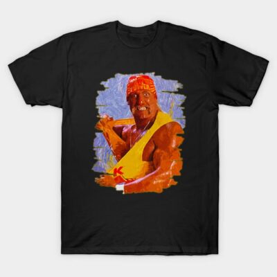 Black graphic t-shirt featuring colorful retro wrestling design, casual fit, soft cotton material, perfect for fans.