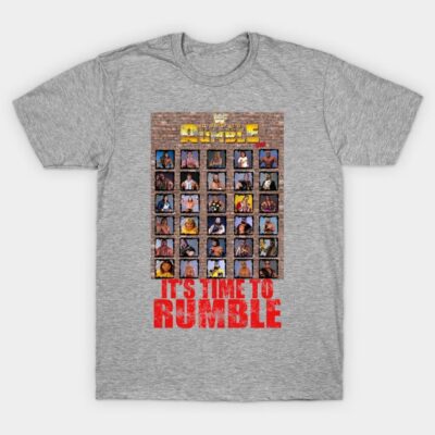 Gray unisex t-shirt with colorful retro graphic print, featuring "It's Time to Rumble" slogan, casual wear.