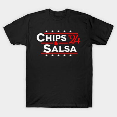 Black t-shirt with "Chips '24 & Salsa" text in white and red, casual style, cotton material.