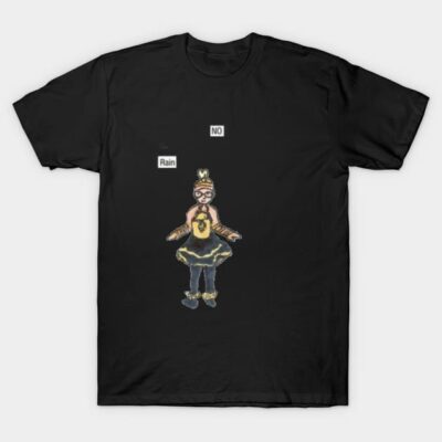 Black t-shirt with whimsical character design and "No Rain" text, casual wear, 100% cotton, unisex style.