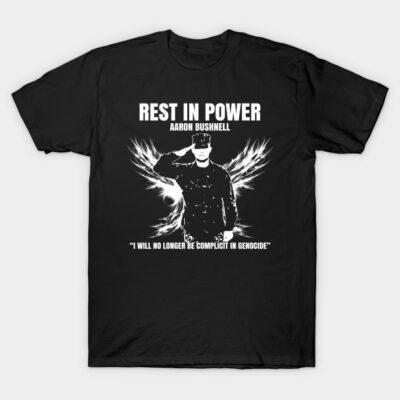 Black memorial t-shirt with white graphic design and text, casual style, suitable for everyday wear.