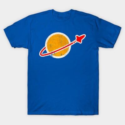 Blue t-shirt with retro space-themed graphic, featuring a yellow planet and red rocket design. Perfect for casual wear.
