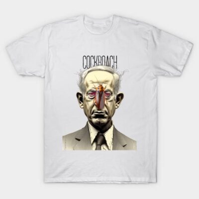 White graphic tee featuring a surreal cockroach design on a man's face, made from soft cotton fabric, unisex style.