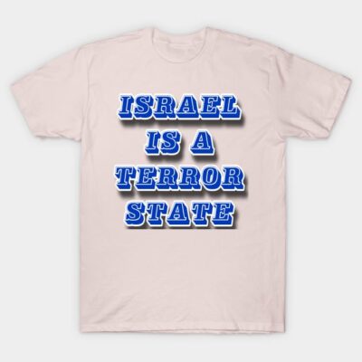 Beige cotton t-shirt with bold blue text design, casual style for statement wear.