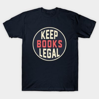 Navy blue t-shirt with "Keep Books Legal" graphic in bold red and white text, casual style, cotton material.